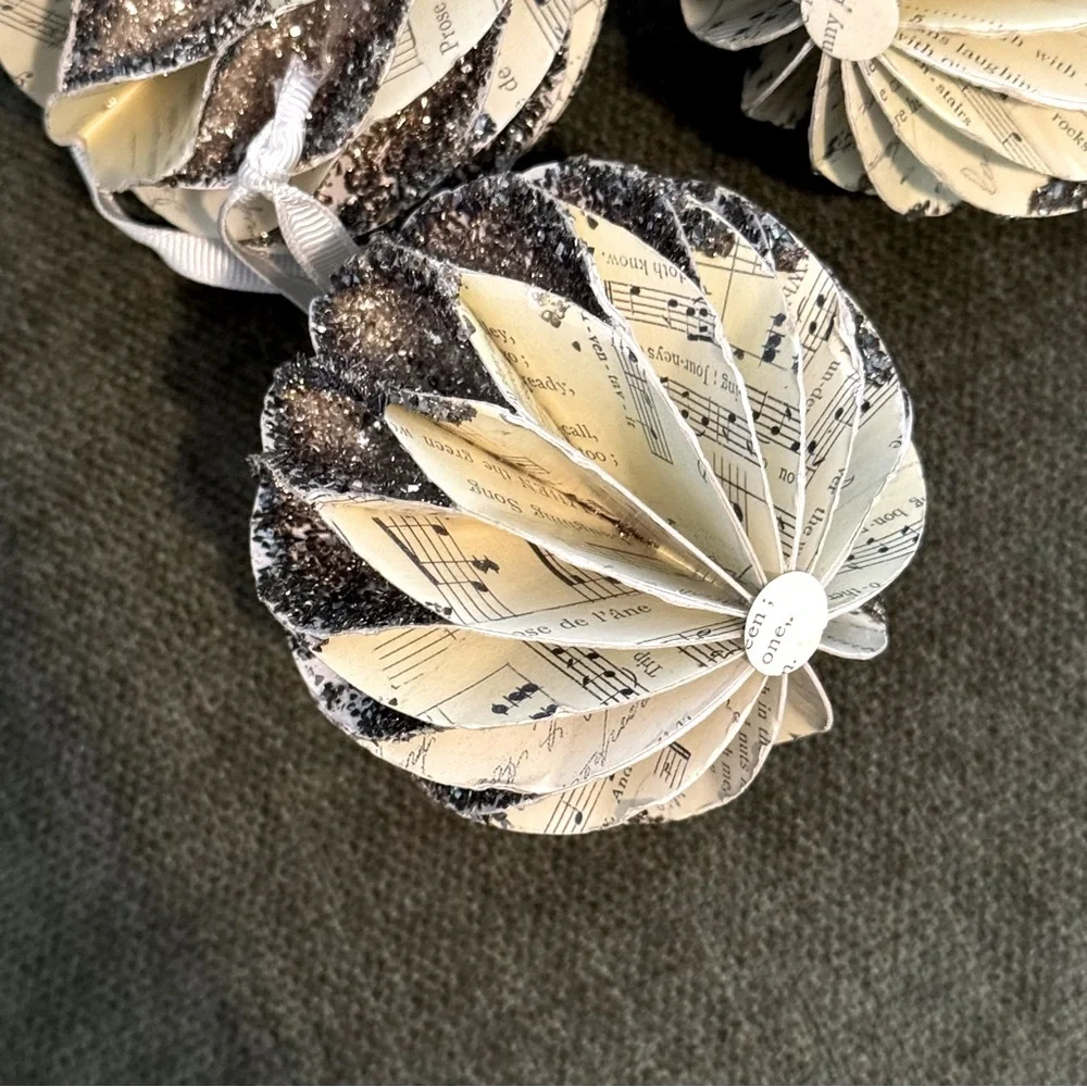 3/ Vintage Pottery Barn Music Notes paper 4” Ornaments Balls